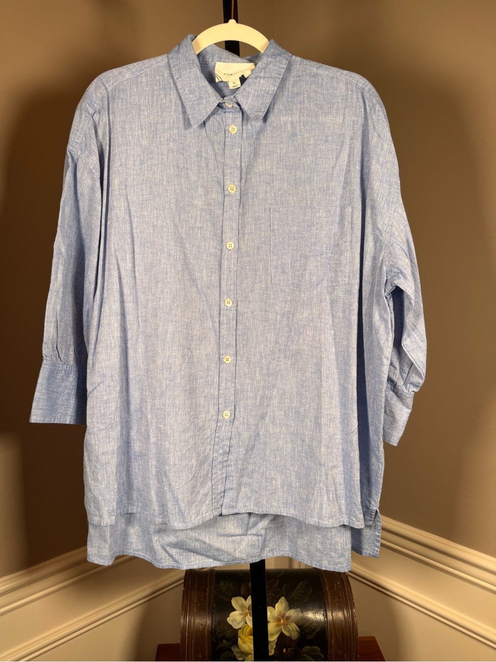 Pomander Place XL Blue Linen Blend Button Front Shirt 3/4 Sleeve - Picture 2 of 6